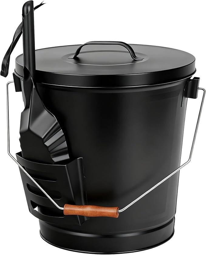 F2C 5.5 Gallon Large Ash Bucket with Lid and Shovel Fireplace Tool Set,Galvanized Metal Coal and Hot Ash Pail for Fireplace, Fire Pits, Wood Burning Stoves, Grill, Outdoor,Home Black
