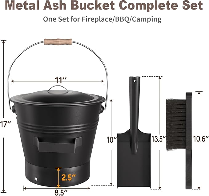 AMAGABELI GARDEN & HOME XL 3-Gallon Metal Ash Bucket with Lid Shovel Broom for Coal Ash Can Fire Pit Charcoal Fireplace Bucket Essential Tools for Indoor Outdoor Wood Burning Stove Hearth Accessories