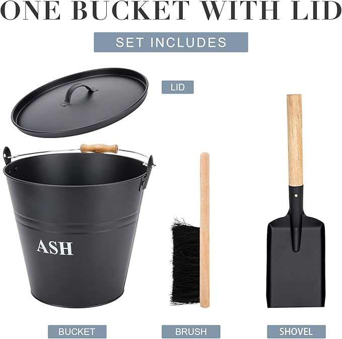 Ash Bucket with Lid, Shovel, and Broom - 3.5-Gallon Metal Ash Can for Fireplaces, Wood Stoves, and Fire Pits
