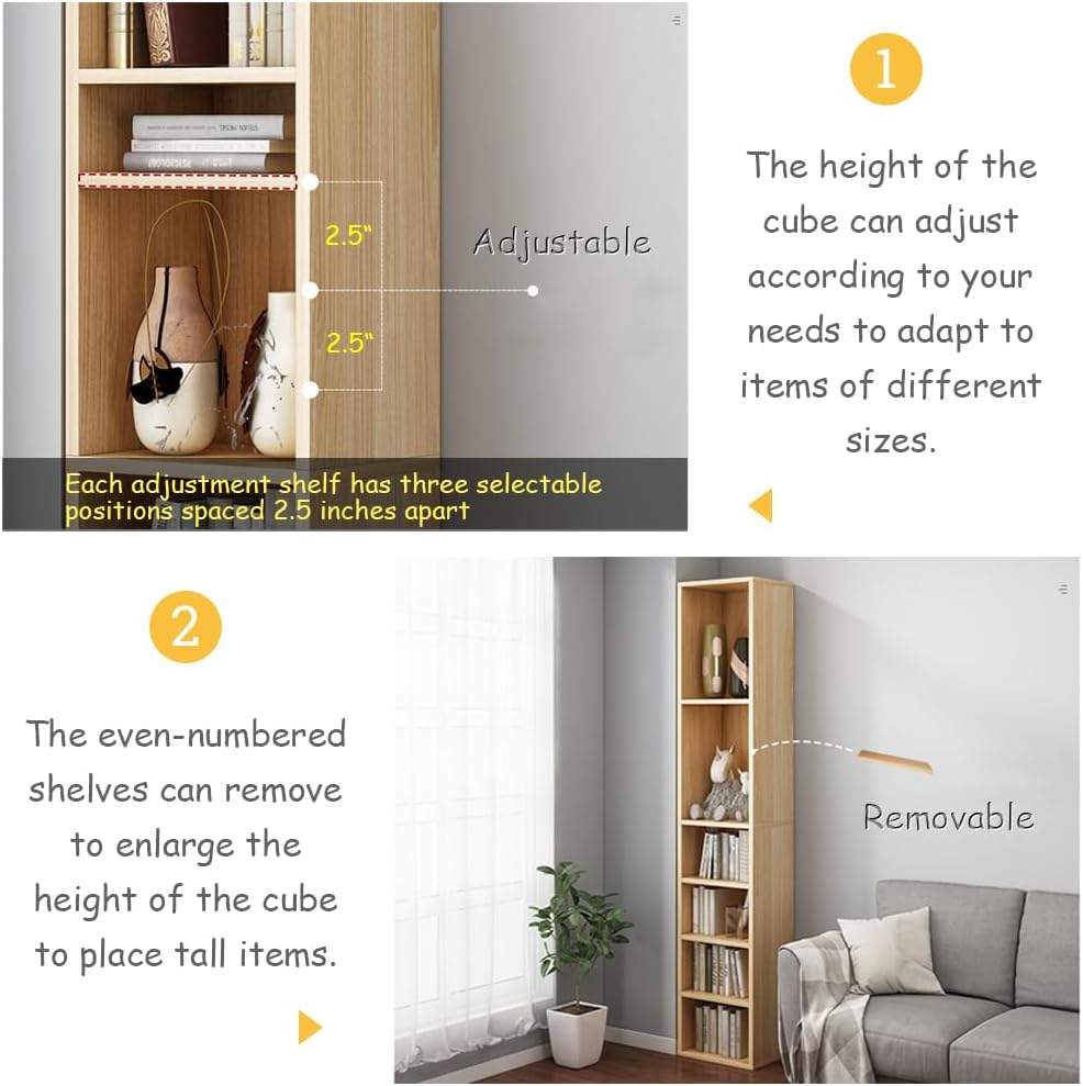 IOTXY Small Narrow Corner Bookcase - 71 Inches Tall Gap Freestanding Storage Cabinet, 8 Lattices Open Shelves Tower Rack, Cubes Bookshelf in Oak