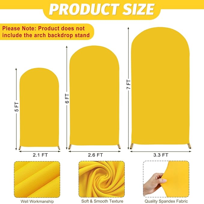 MODFUNS Set of 3 Wedding Arch Cover Gold Spandex Arch Backdrop Cover 5&6&7ft Fitted Round Top Arch Cover Stretchy Backdrop Chiara Arched Frame Cover 2-Sided Arch Covers for Holiday Wedding Banquet