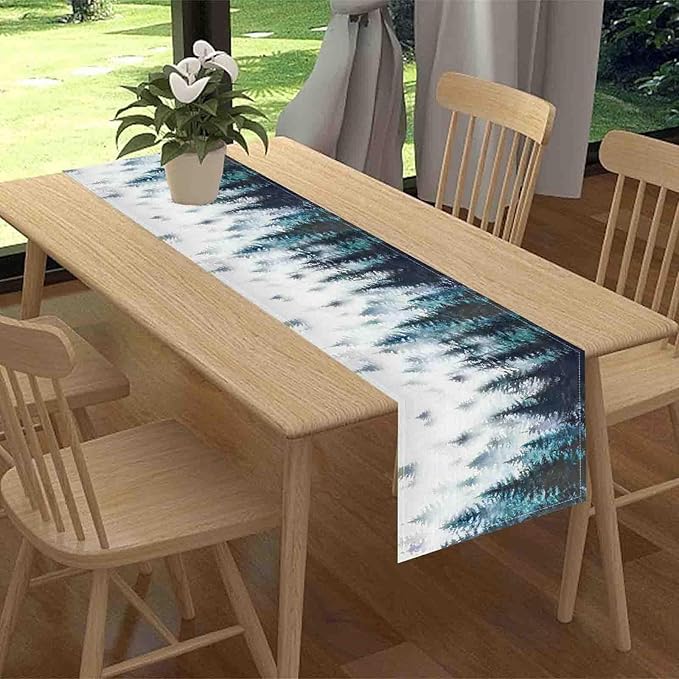Green Forest Table Runner, Rustic Farmhouse Green Pine Tree Woodland Seasonal Mountain Country Coffee Table Center Decor for Home Kitchen Dining Patio Holiday Party Table Decorations, 13"x90" Inch