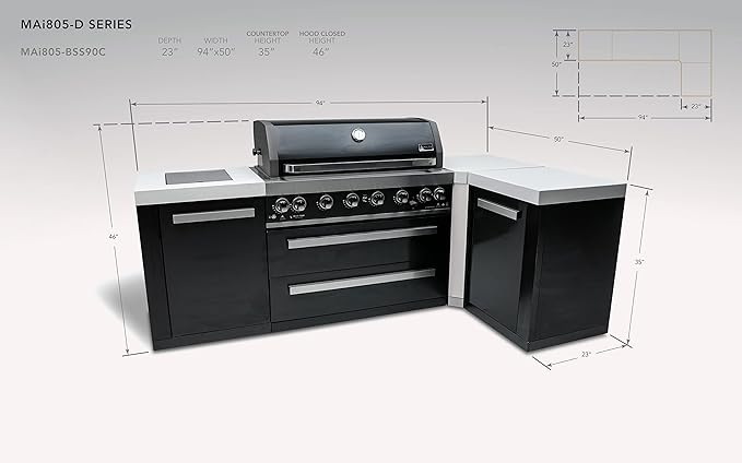 Mont Alpi MAi805-BSS90 44-inch 6-Burner 115000 BTU Deluxe Black Stainless Steel 90 Degree Outdoor Kitchen Gas Island Grill w/Infrared Side Burner Rotisserie Kit + Storage Drawers & Cabinets