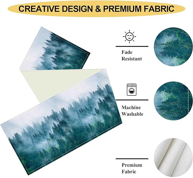 Forest Table Runner, Rustic Farmhouse Misty Pine Tree Woodland Mountain Country Coffee Table Center Decor for Home Kitchen Dining Patio Holiday Party Indoor Outdoor Table Decorations, 13"x108" Inch