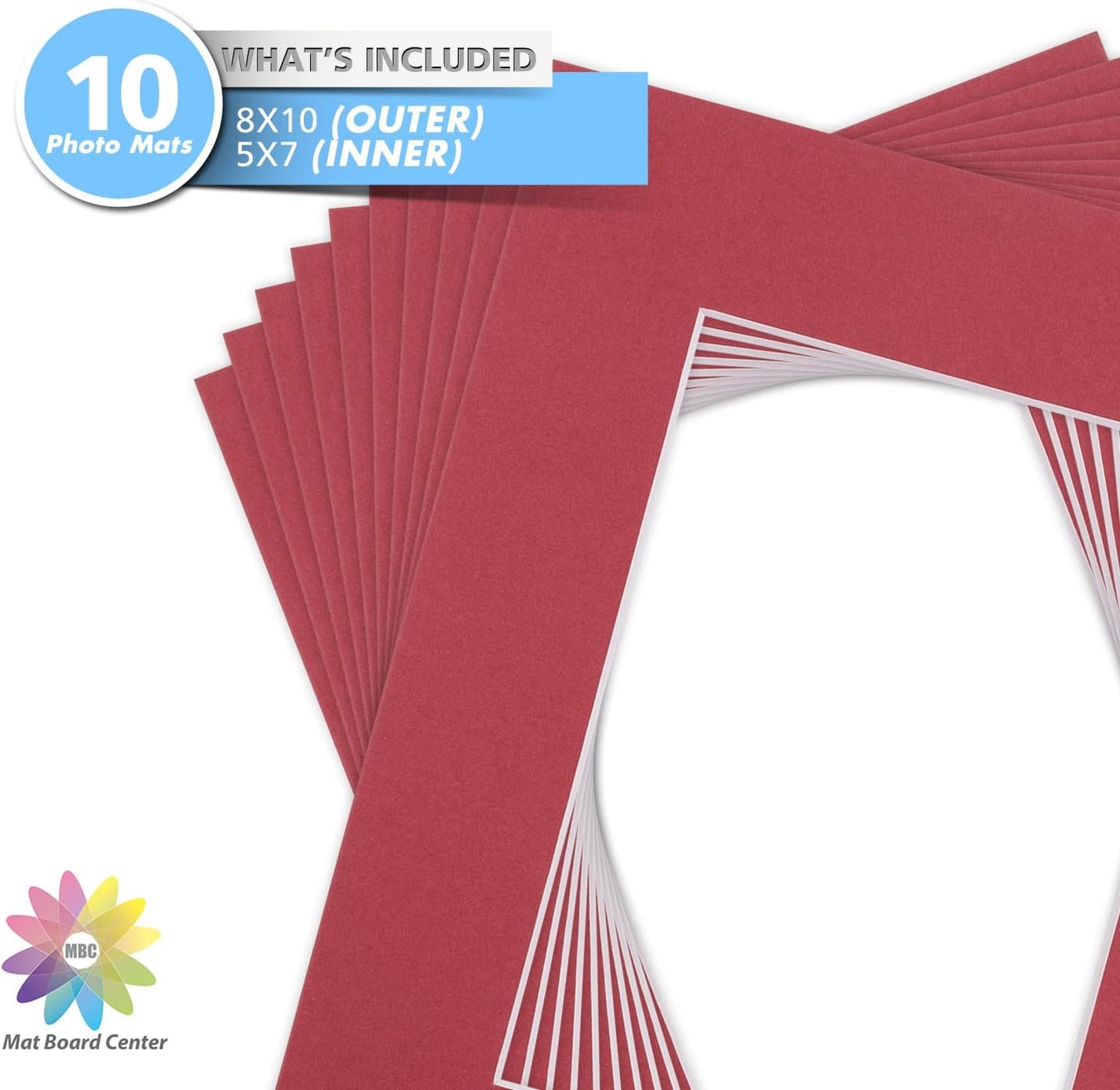 Mat Board Center, Pack of 10, 8x10 for 5x7 China Red Color Mats - Bevel Cut, Acid Free, 4-ply Thickness, White Core - for Pictures, Photos, Framing