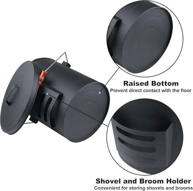 Ash Bucket with Lid and Shovel Hand Broom, 5.15 Gallon Large Galvanized Iron Metal Fireplace Tools Ash Pail for Fire Places Fire Pits Wood Burning Stoves Hearth Accessories Indoor Outdoor, Black