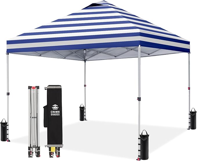 CROWN SHADES 10x10 Pop Up Canopy - Beach Tent with One Push Setup - Outdoor Sun Shade for Events, Parties, Camping - STO-N-Go Cover Bag, Silver Coated Top, 3 Height& 4 Sand Bags, Navy Blue Stripes