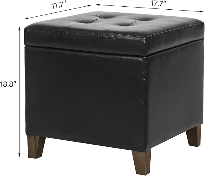 Homebeez Black Tufted Faux Leather Storage Ottoman Square Cube Foot Rest Stool with Flip Top