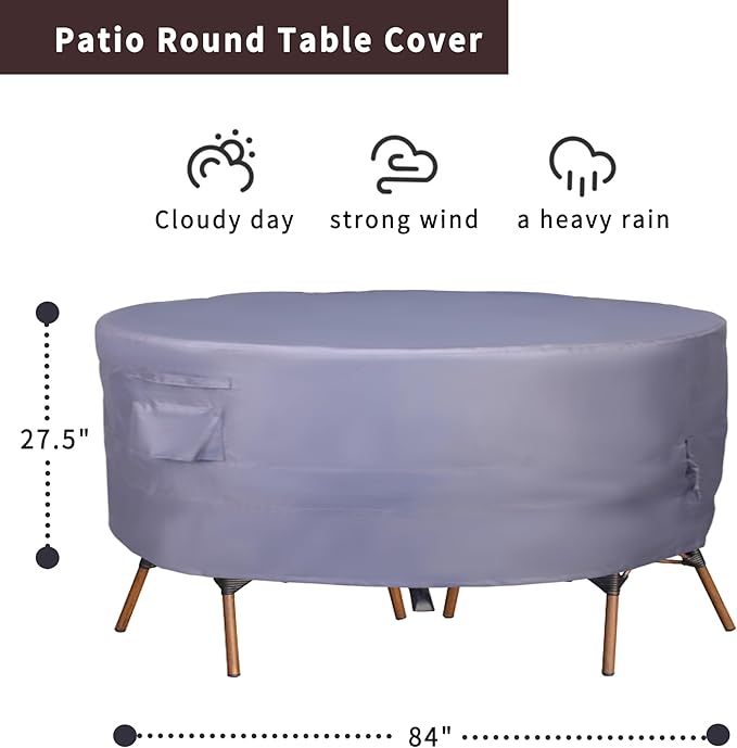 Round Patio Furniture Cover, Heavy Duty and Waterproof for Outdoor Furniture covers, Round outdoor table cover, Patio table cover 84"DIA x 27.5"H Grey