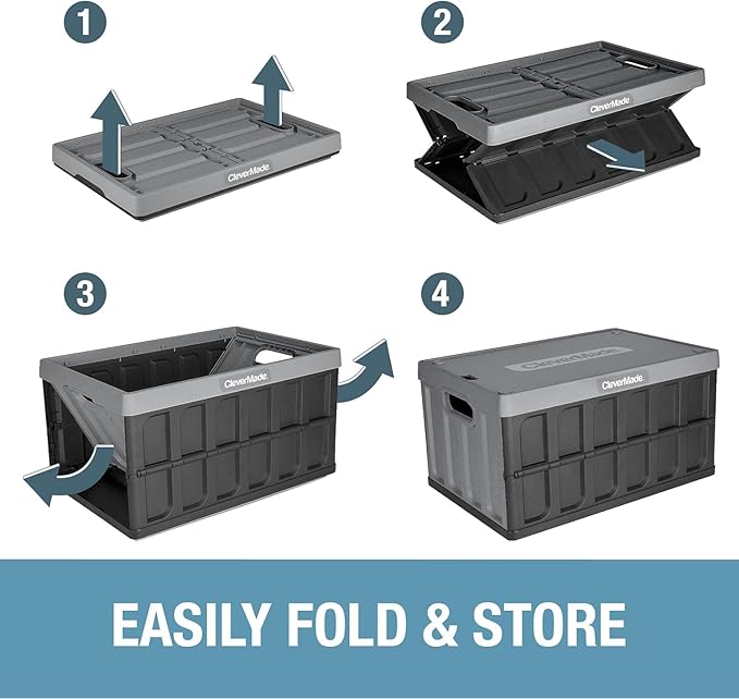 CleverMade Collapsible Storage Bins with Lids - Ocean 3 Pack 62L - Plastic Containers Stackable Organization Crates Home Closet Space-Saving Durable