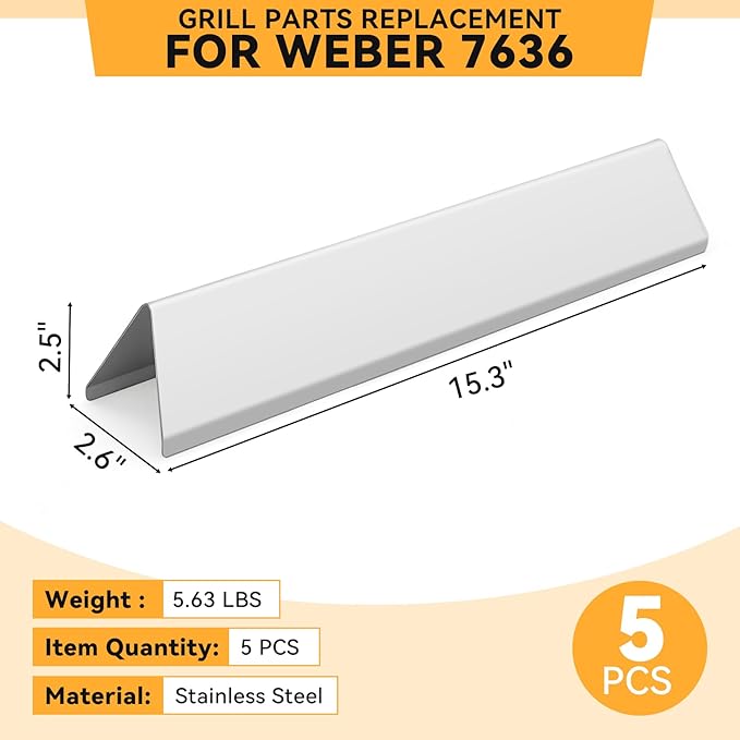 15.3 inch Flavorizer Bars for Weber Spirit Grill Parts Spirit I & Spirit II E310 E320 E330 S310 S320 S330 Gas Grills with Front Control Knob, 5 PCS 7636 Stainless Steel Flavor Bars