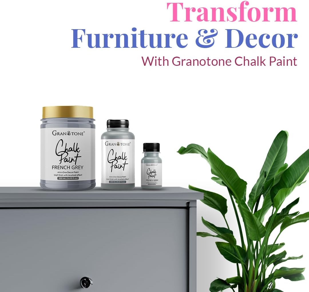 GRANOTONE Chalk Paint for Furniture, Matt-Finish Water-Based Acrylic Paint for Wood, Walls, Metal, Glass, Paper, Fabric Canvas, Maximum Coverage Chalk Paint for Kids & Adults, 250 Ml (FRENCH GREY)