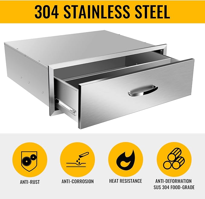 Outdoor Kitchen Stainless Steel Triple Access BBQ Drawers With Handle For BBQ Island Patio Grill Station,Single Drawer