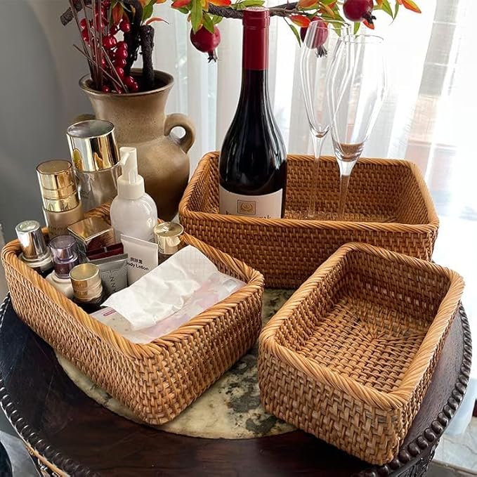 Natural Rattan Storage Baskets, Rectangular Woven Fruit Baskets, Decorative Wicker Basket and Small Baskets for Organizing (Set of 3)