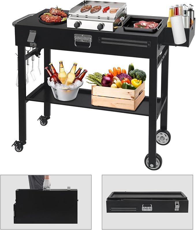 Portable Grill Cart for Blackstone Griddle with Lock, Shelves & Caddy - Fits 17 or 22 Inch Grills, Foldable Outdoor Cooking Stand for Outdoor Tailgate and Camping, Black