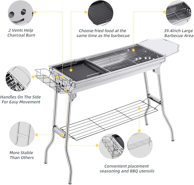 Portable Charcoal Grill,Outdoor BBQ Grill for Christmas Picnic, Thanksgiving Family Gathering and Backyard Barbecue,With Storage Bag & Non-Stick Frying Pan
