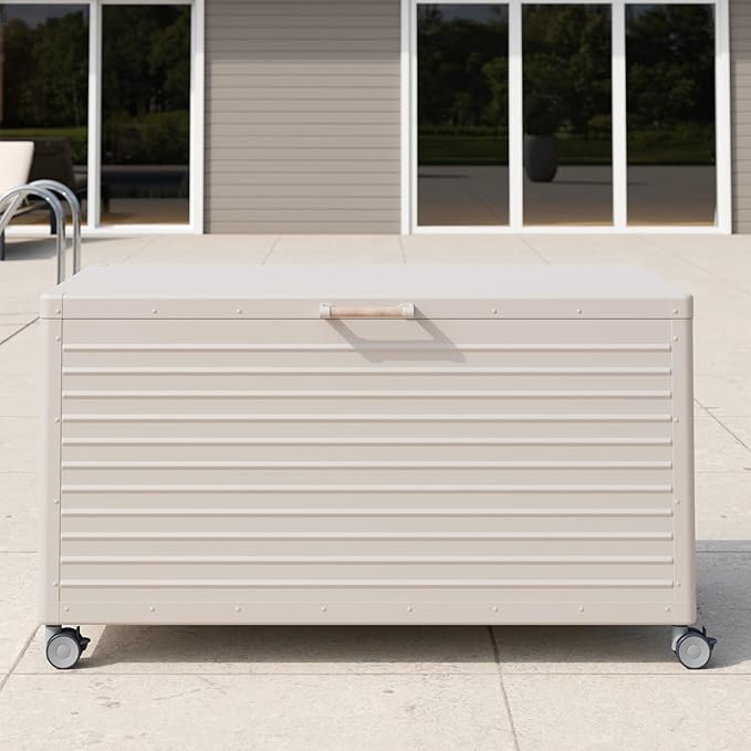 MIRADOR 175 Gallon Outdoor Storage Box Waterproof, Metal Deck Box with wheels for Patio Furniture, Garden Tools, Outdoor Cushion, Latte