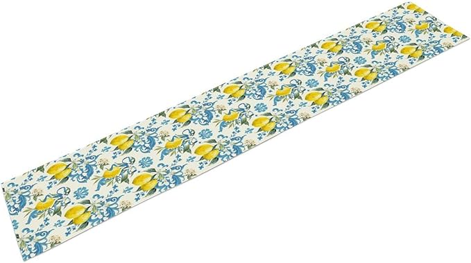 Lemon Flower Table Runner, Summer Fruit Sicilian Style Table Runner for Indoor Outdoor Kitchen Home Party Holiday Dining Table 13x90in