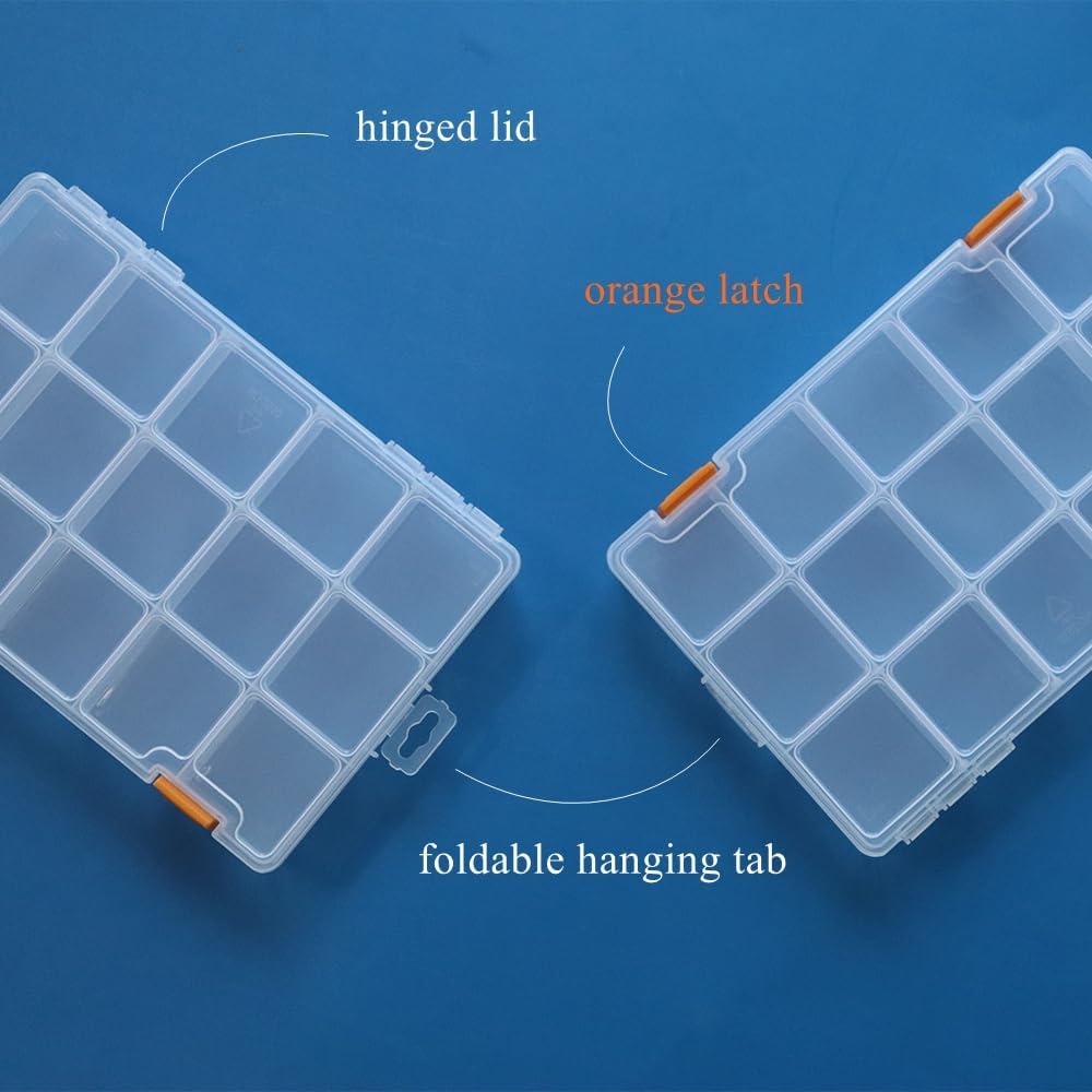 BangQiao 4 Pack 15 Grids Clear Plastic Storage Box with Dividers, Transparent Organizer Container Case for Small Parts, Bead, Button, Jewelry, Diamond, Craft Supplies,Sewing Kit, DIY Accessories