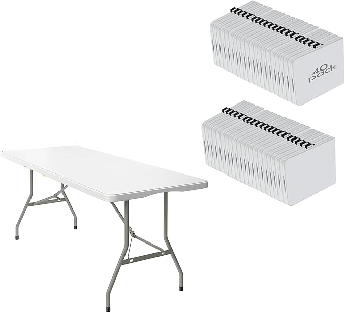 40 Pack of 6 Foot Foldable Table with Built in Handle & Steel Legs ,Heavy Duty Portable ,Perfect for Party, Dining, Wedding, Events, Picnic Indoor, Outdoor, Camping, Utility, Folding(white-40pac)