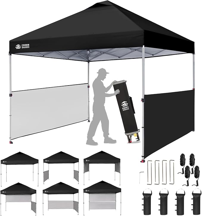 CROWN SHADES 10x10 Pop up Canopy Tent Instant Canopy with 150D Silver Coated Fabric Including 2 Half Sidewalls, 4 Ropes, 8 Stakes, 4 Weight Bags, STO 'N Go Bag, Black