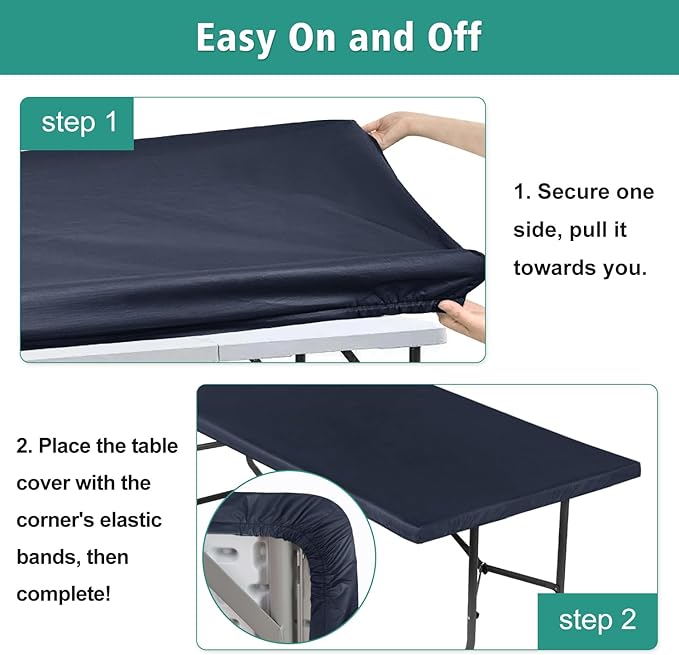 LUSHVIDA 6 Packs Vinyl Tablecloths with Flannel Backing for 8ft Rectangle Folding Table Cloths - Waterproof Plastic Picnic Table Covers with Elastic Corners, 30x96 inch, Navy Blue