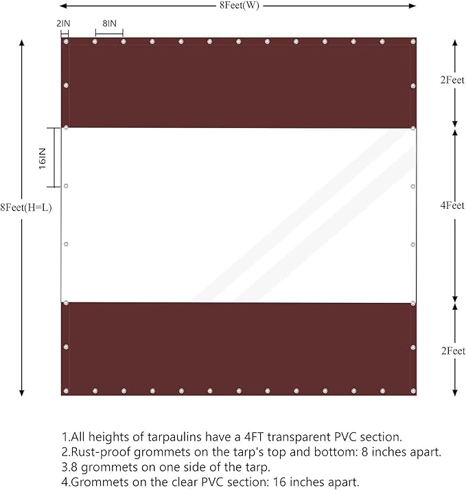 20 Oz Outdoor Vinyl Curtain, Outdoor Clear Panel Curtain, Weather Resistant Outdoor Curtain for Pergola, Porch, Gazebos, with Rustproof Grommets (8'H x 10'W, Brown)