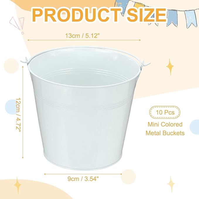 Small Metal Buckets, Mini Buckets with Handle Galvanized Colored Tin Pail Containers Basket Party Supplies - Fit for (Halloween - Classroom Crafts) 5" & 10Pcs & White