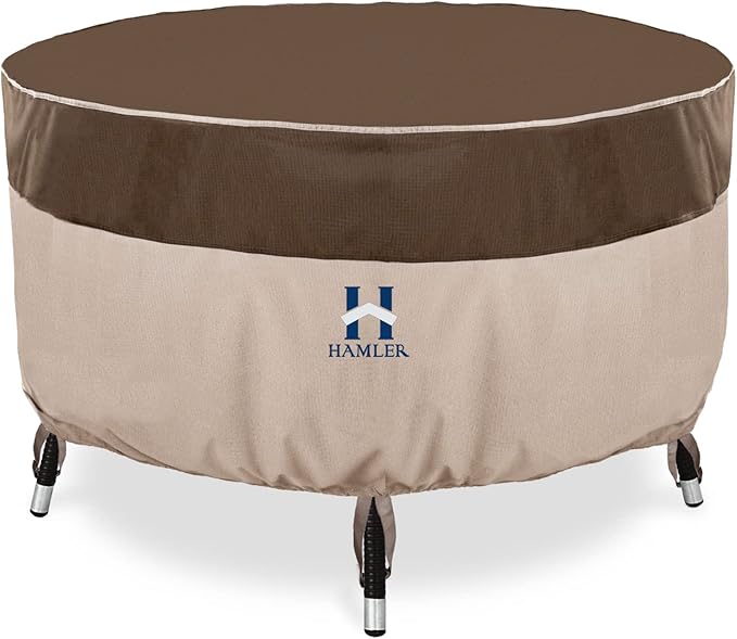 HAMLER Round Outdoor Table Cover, Heavy Duty Outdoor Table Chair Set Covers with Air Vents and Handles, Patio Table Cover Fits up to 62" D x 27.5" H, Brown & Beige