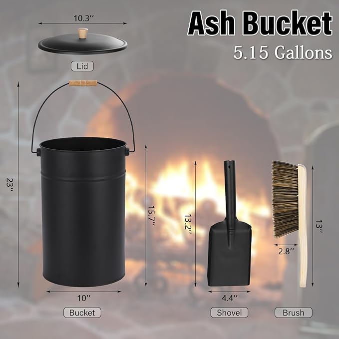 FEED GARDEN 5.15 Gallon Ash Bucket with Lid,Shovel,Broom Ash Can for Fireplace Fire Pits,Wood Stoves,Fireplace Galvanized Iron Bucket,Pellet Charcoal Bucket,Indoor Outdoor，Black