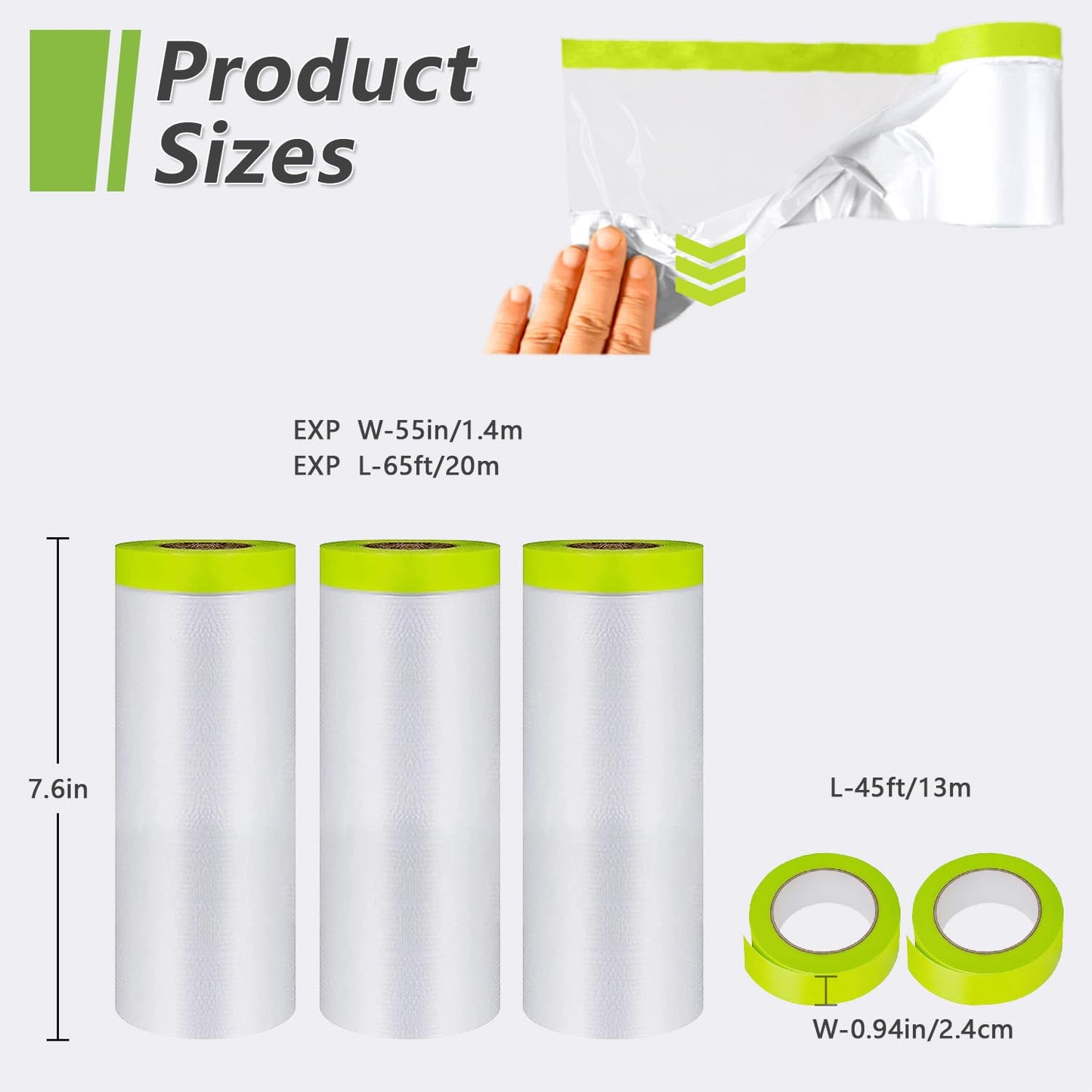Pre-Taped Masking Film-55inx65ft Tape and Drape Painters Paper Rolls, Plastic Painting Film for Automotive Painting Covering （Masking Film:3rolls,Tape:2rolls）