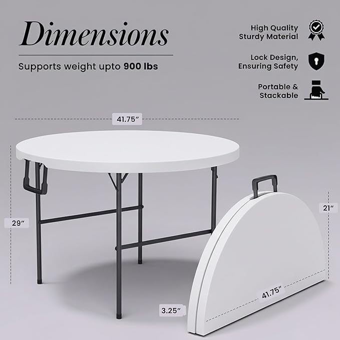 3.5 Feet Circular Round Foldable Table with Built in Handle & Steel Legs | Heavy Duty Portable | Perfect for Party, Dining, Wedding, Events, Picnic Indoor, Outdoor, Camping, Utility