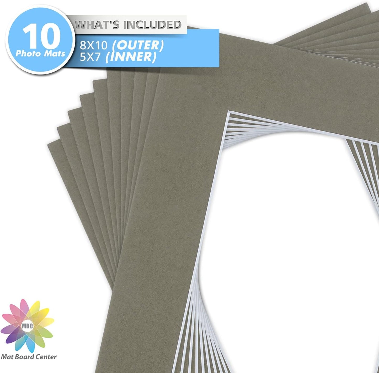 Mat Board Center, Pack of 10, 8x10 for 5x7 Gray Color Mats - Bevel Cut, Acid Free, 4-ply Thickness, White Core - for Pictures, Photos, Framing