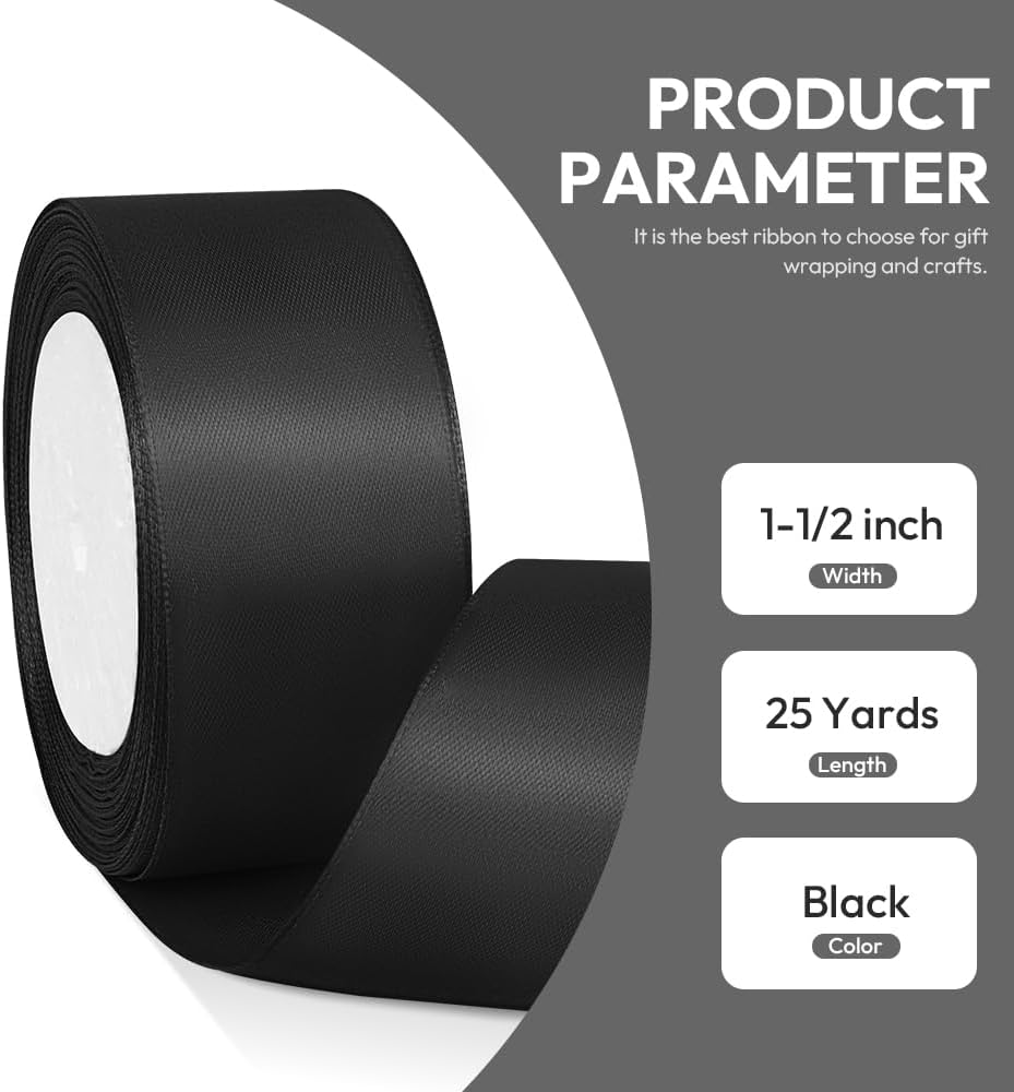 1-1/2" x 25 Yards Satin Ribbon, Black Silk Ribbon Ideal for Gift Wrapping, Floral Bouquets, Crafts, Wedding Party Decorations, Christmas and Sewing Projects