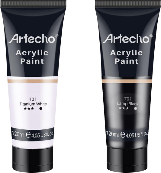 Artecho Professional Acrylic Paint, White and Black (120ml / 4.05oz) Tubes, Art Craft Paints for Canvas, Rock, Stone, Wood, Fabric, Art Supplies
