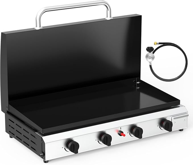 Bonnlo 4 Burner Portable Propane Griddle with Lid, 40000BTU Tabletop Flat Gas Grill with Ignition and Oil Collector, Camping Griddle for Outdoor Cooking Patio Backyard Sandbeach BBQ Party