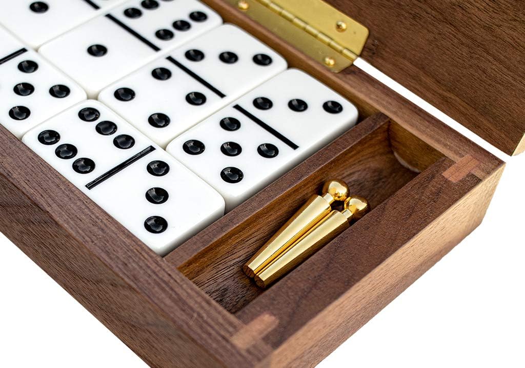 Alex Cramer Le Club Luxury Domino Set with Handcrafted Walnut Case and Cribbage/Counter Top - Tournament Quality 28 Indestructible (Domino Set with Personalized Brass Plate)