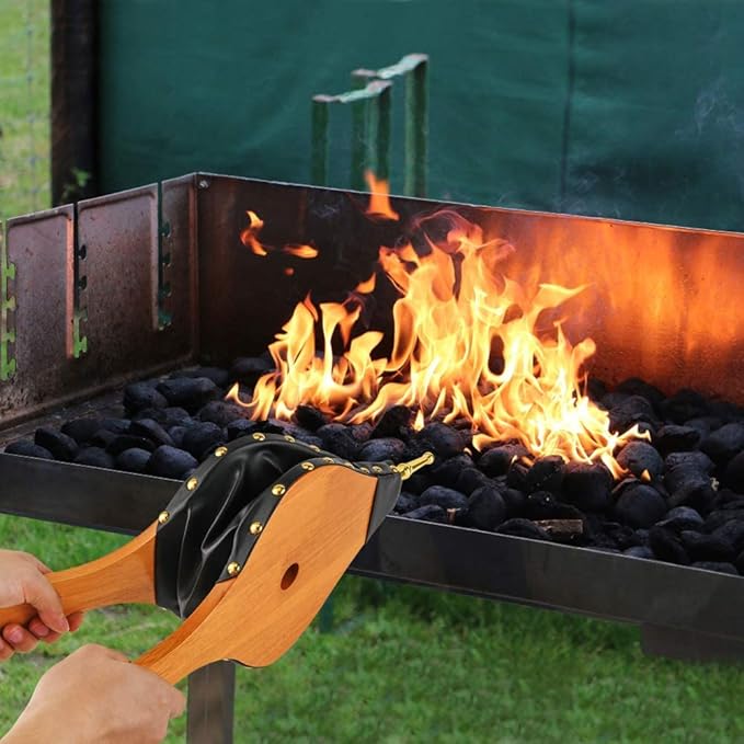 Oak Leaf Bellows, 19" x 8" Large Fire Bellow for Wood Stove BBQ Fireplace Fire Pit Indoor Outdoor Barbecue Camping, Wood Air Blower Hand Bellows with Hanging Strap Zinc Alloy Nozzle, Oak Wood