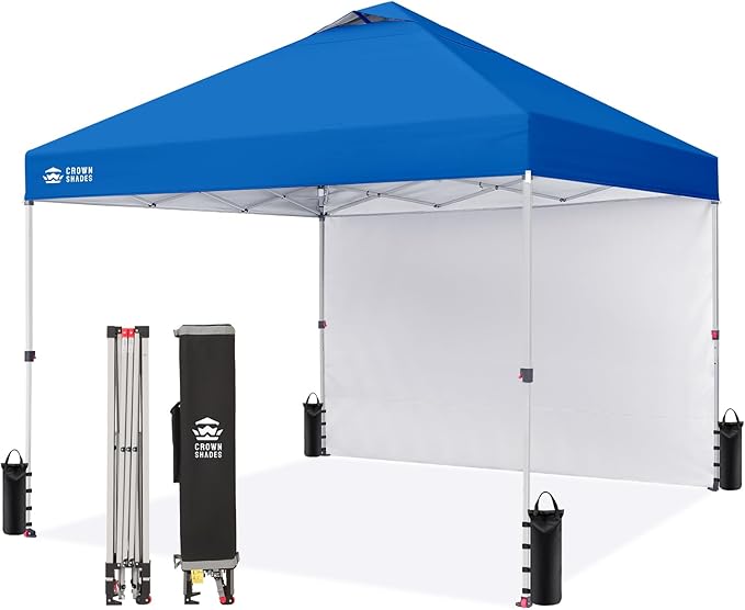 CROWN SHADES 10x10 Pop Up Canopy with 1 Side Wall - Beach Tent with One Push Setup - Outdoor Sun Shade for Events, Parties, Camping - Gazebo with STO-N-Go Cover Bag (Blue)