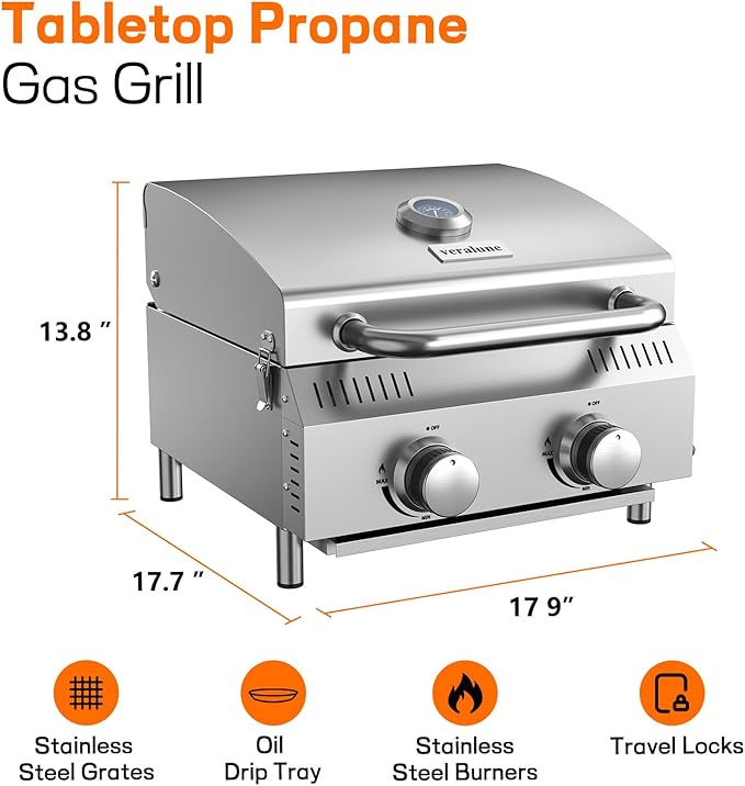 Veralune Tabletop Gas Grill, 2 Burners Portable Propane Grill, Camping Cooking Grill with Travel Lock for Camping, RV, Backyard BBQ