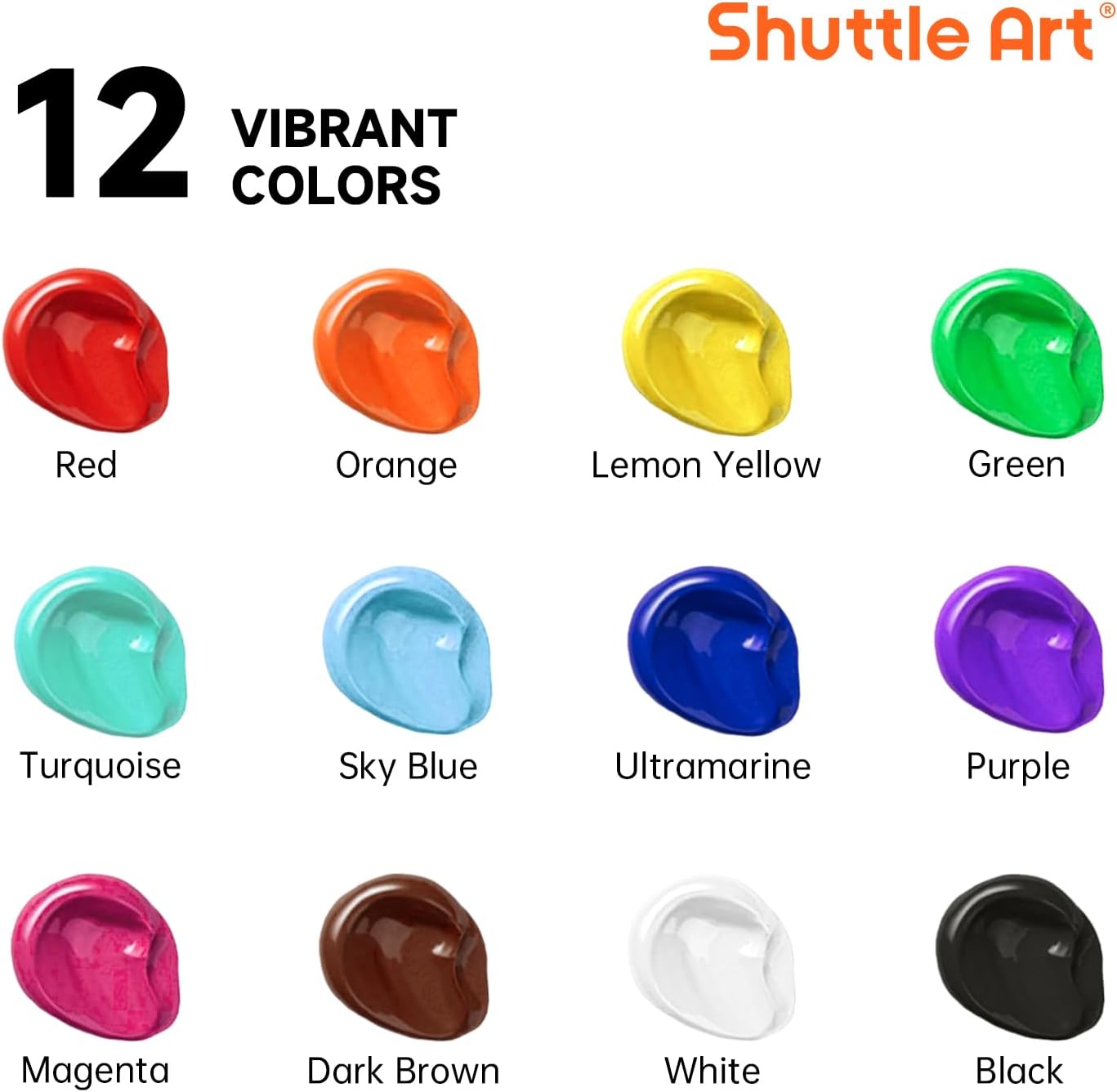 Shuttle Art 12 Colors Acrylic Paint, 250ml/8.45oz Bottles Acrylic Paint Set, Rich Pigments, Bulk Painting Supplies for Artists, Beginners and Kids Painting on Rocks Crafts Canvas Wood