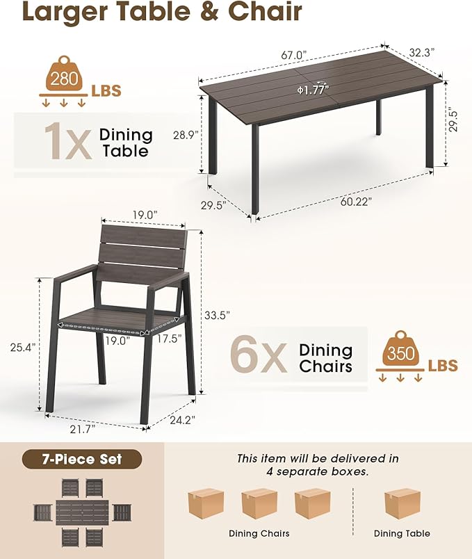 Patio Outdoor Dining Set for 6, Aluminum 7 Piece HDPS Outdooor Table and Chairs Set with Umbrella Hole, Modern Rectangular Patio Furniture Set with All-Weather Table & 6 Chairs (Charcoal)
