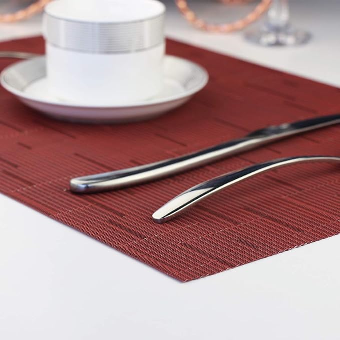 Vinyl Placemats,Washable Table Mats Easy to Clean Woven Placemats for Dining Table Set of 4(Burgundy Red)