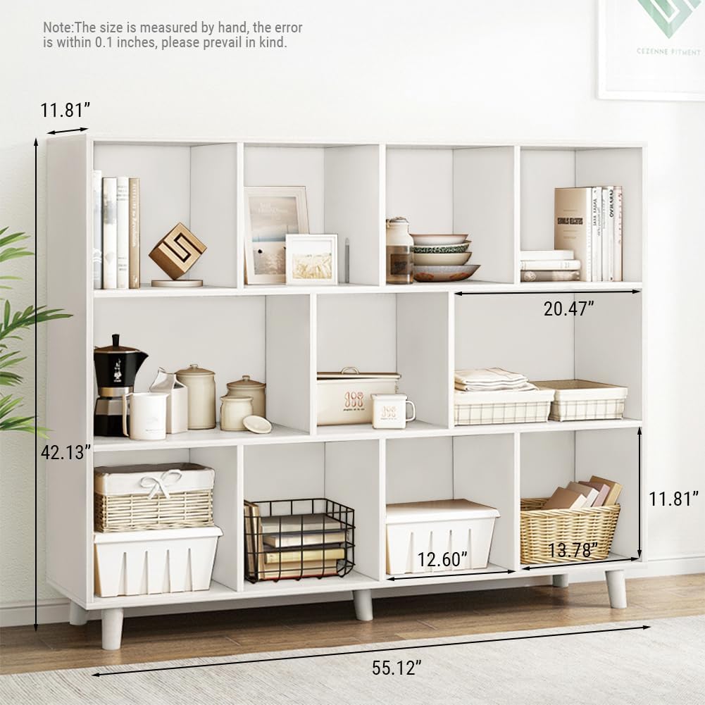 IOTXY Open Cube Low Bookcase - 3-Tier Freestanding Storage Display Cabinet Organizer with Legs for Home Office, 11-Cubes Open Shelf Short Bookshelf, White