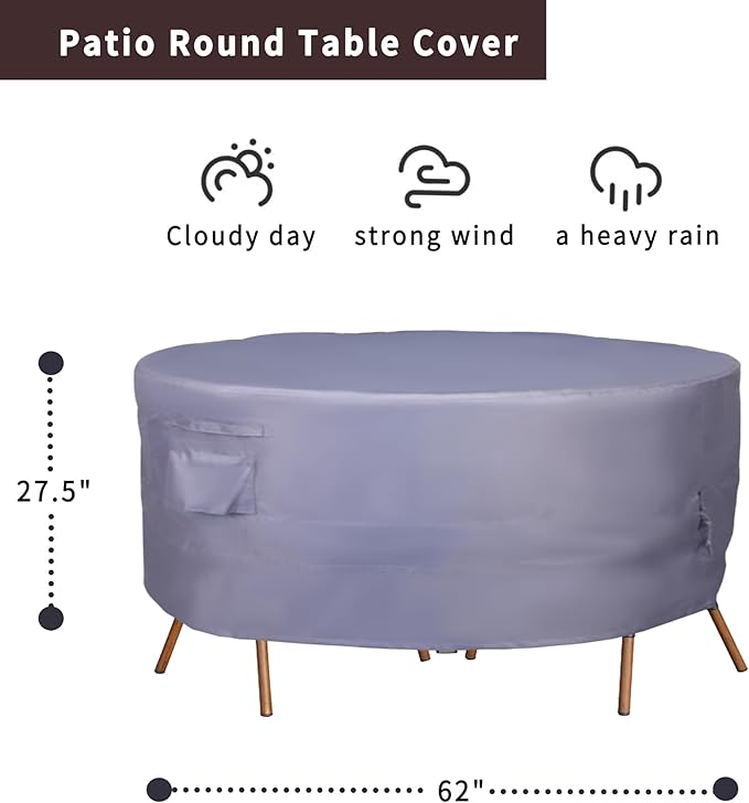 Round Patio Furniture Cover, Heavy Duty and Waterproof for Outdoor Furniture covers, Round outdoor table cover, Patio table cover 62"DIA x 27.5"H Grey