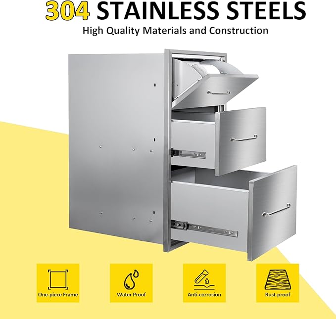 Outdoor Kitchen Drawers with Paper Towel Holder 17" W x 30"H Flush Mount BBQ Drawers with Chrome Handle,Stainless Steel Built-in Triple Access Drawers for Outdoor Kitchen Island, Patio Grill Station