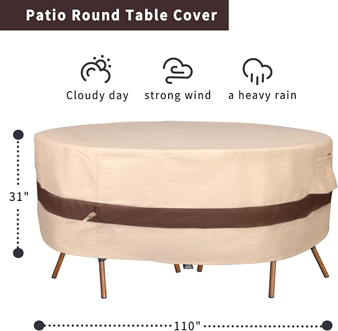 Round Patio Furniture Cover, Heavy Duty and Waterproof for Outdoor Furniture covers, Round outdoor table cover, Patio table cover 110"DIA x 31"H Beige