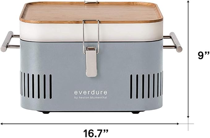 Everdure CUBE Portable Charcoal Grill, Tabletop BBQ, Perfect Tailgate, Beach, Patio, or Camping Grill, Lightweight & Compact Small Grill with Preparation Board & Food Storage Tray, Stone