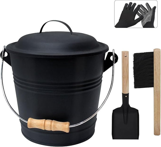 Poofzy Ash Bucket with Lid, Small Fireplace Ash Bucket with Lid and Shovel, 1.3 Gallon Metal Bucket for Fireplace with Hand Broom and Gloves, Fireplace Bucket for Ashes for Wood Stove and Fire Pit