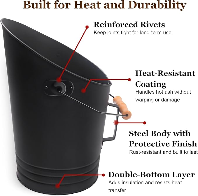 GameXcel Pellet Bucket - 2.64 Gallon Metal Container - Heat-Resistant Steel Bin for Hot Ash Pellets Firewood - Convenient Ash Disposal with Handle